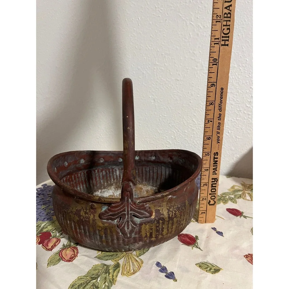 Vintage Rustic Brass Basket Planter Made in India Weathered Patina Handle